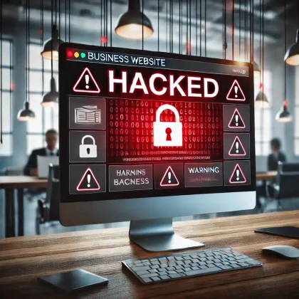 Image of computer with image of the word hacked.